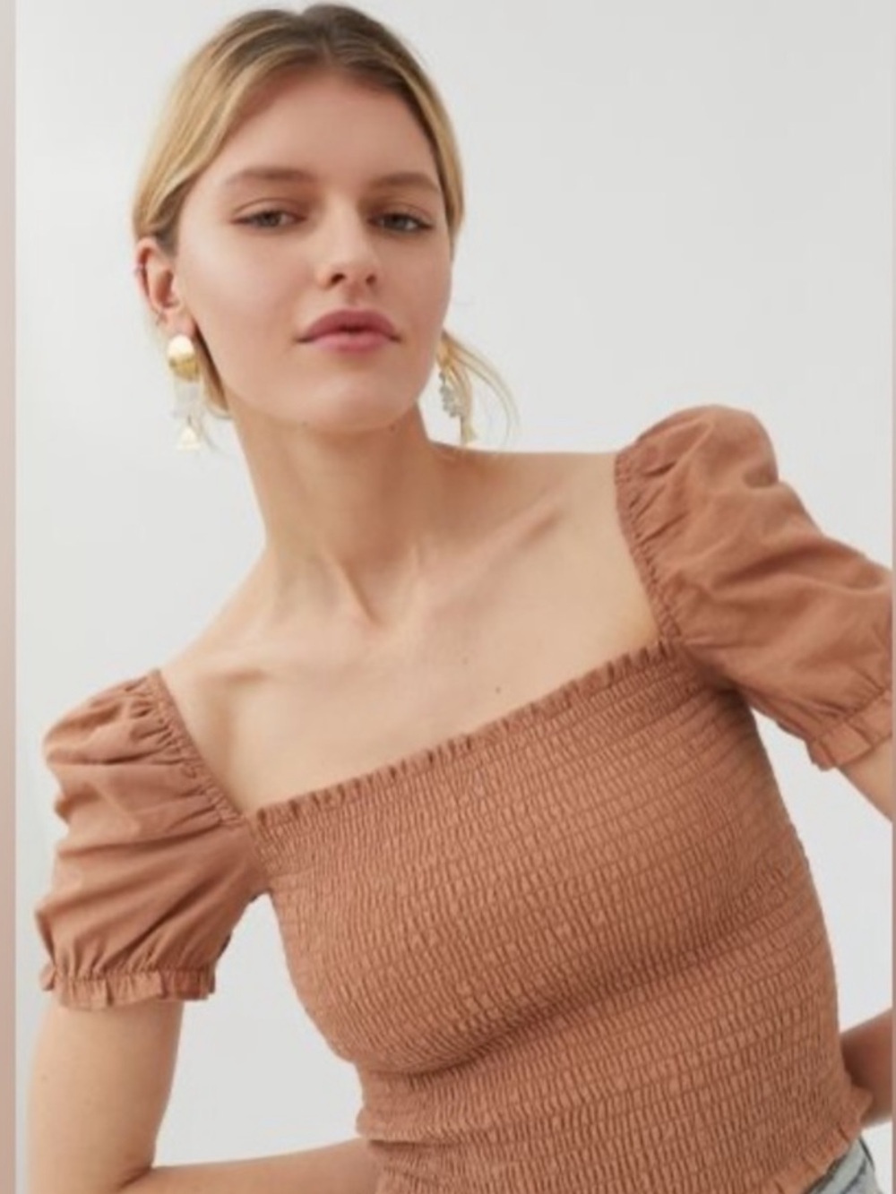 Urban Outfitters Smocked Square Neck Crop Top - Rust Brown